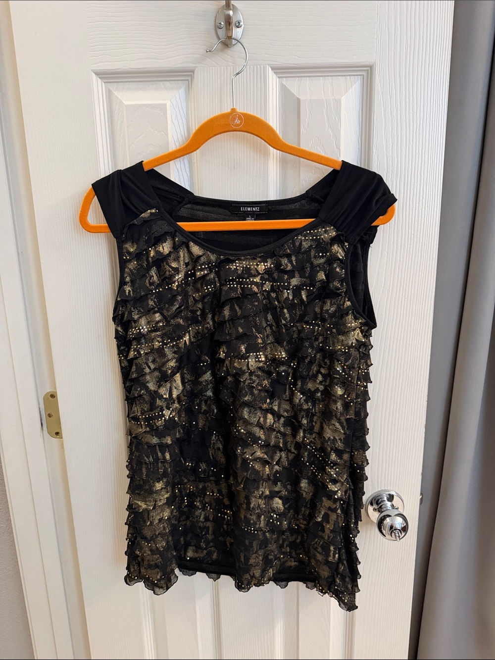 Elementz Black and Gold Ruffled Sequin Sleeveless Top